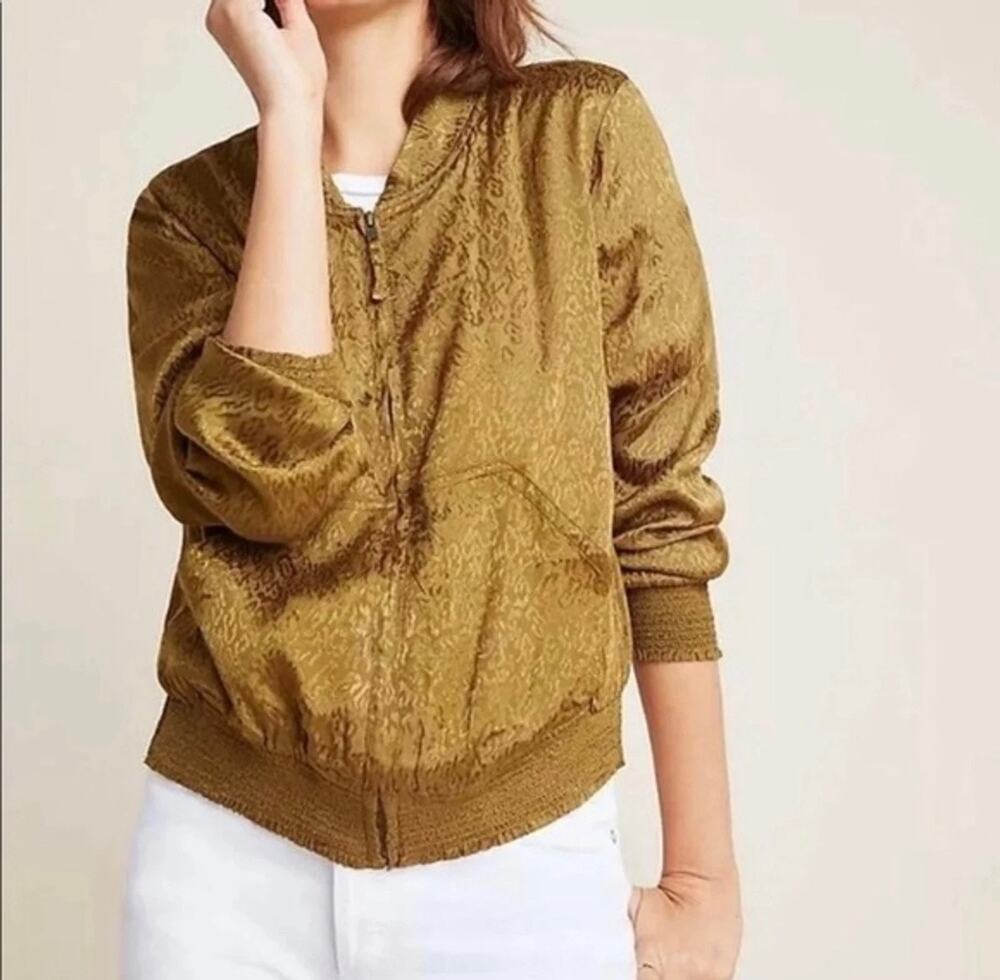 Maeve Anthropologie Satin Bomber Jacket Leopard Print Olive Small Boho Festival